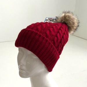 NEW Red Fleece Lined Puff Ball Beanie